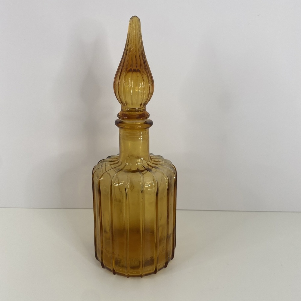 Vintage MCM Mini Empoli Amber Ribbed Genie Bottle Decanter W/stopper